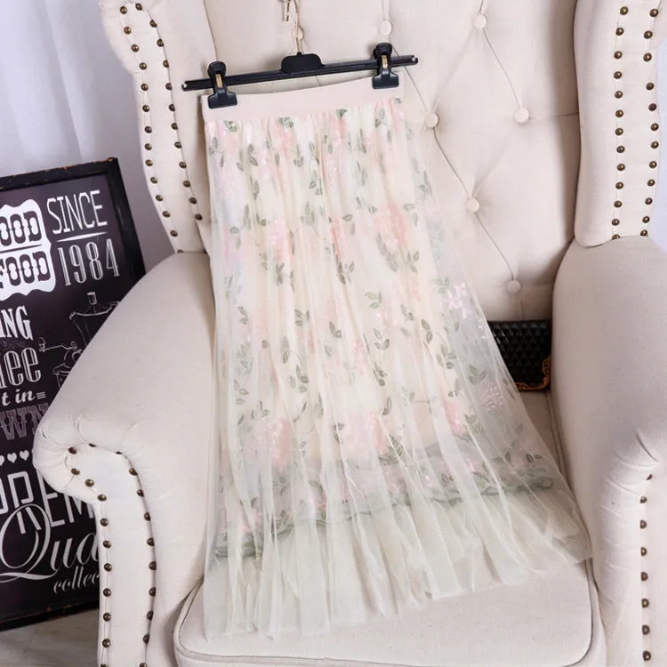 A-Line Flare Embroidery Floral High Waist Fairy-Look Mesh Skirt