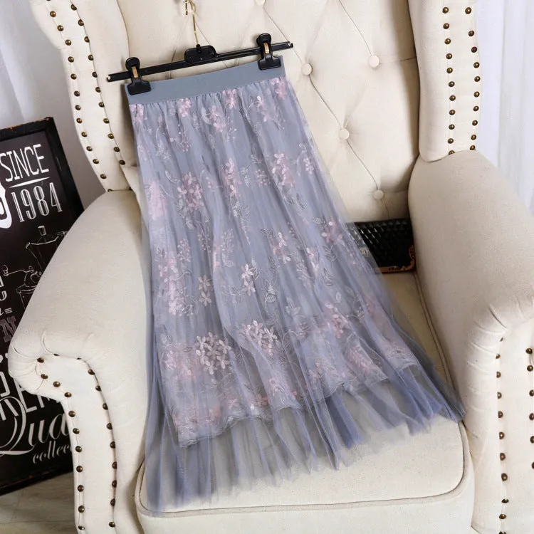 A-Line Flare Embroidery Floral High Waist Fairy-Look Mesh Skirt