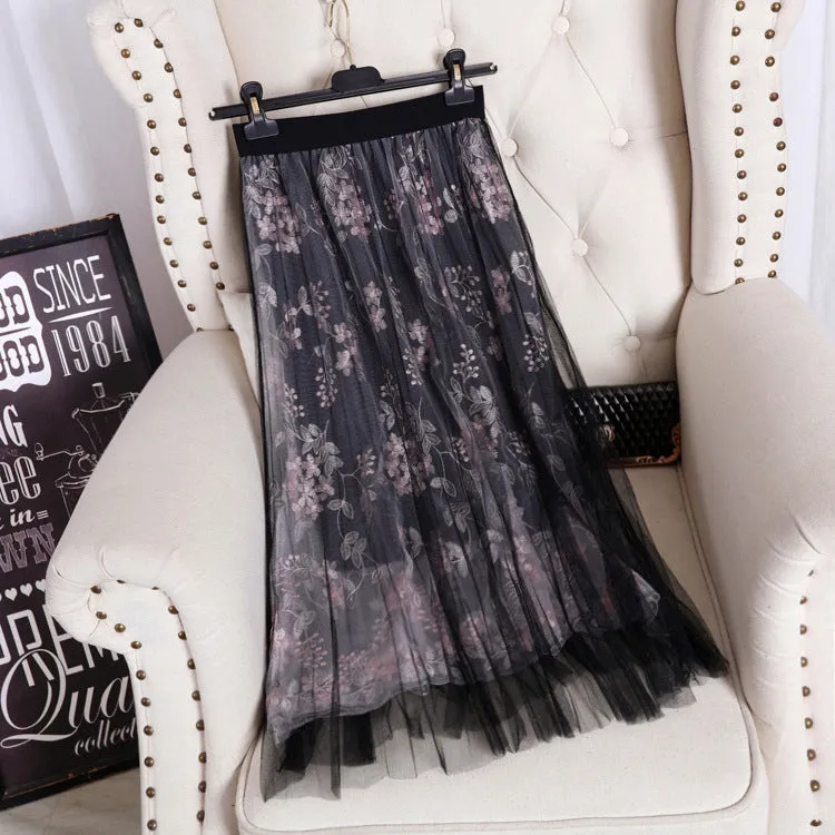 A-Line Flare Embroidery Floral High Waist Fairy-Look Mesh Skirt