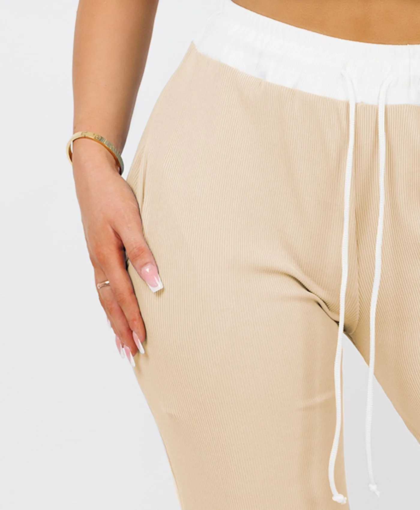 Beige Wide Leg Trousers and Ribbed Top Loungewear Set