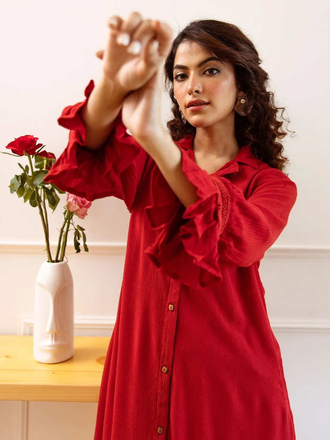 Comfy Viscose Red Solid A-Line Kurta Set with Shirt Collar and Straight Bottom