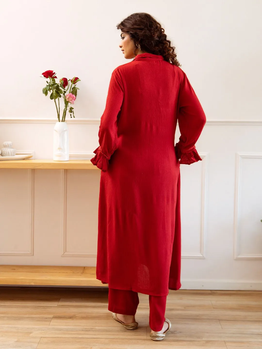 Comfy Viscose Red Solid A-Line Kurta Set with Shirt Collar and Straight Bottom