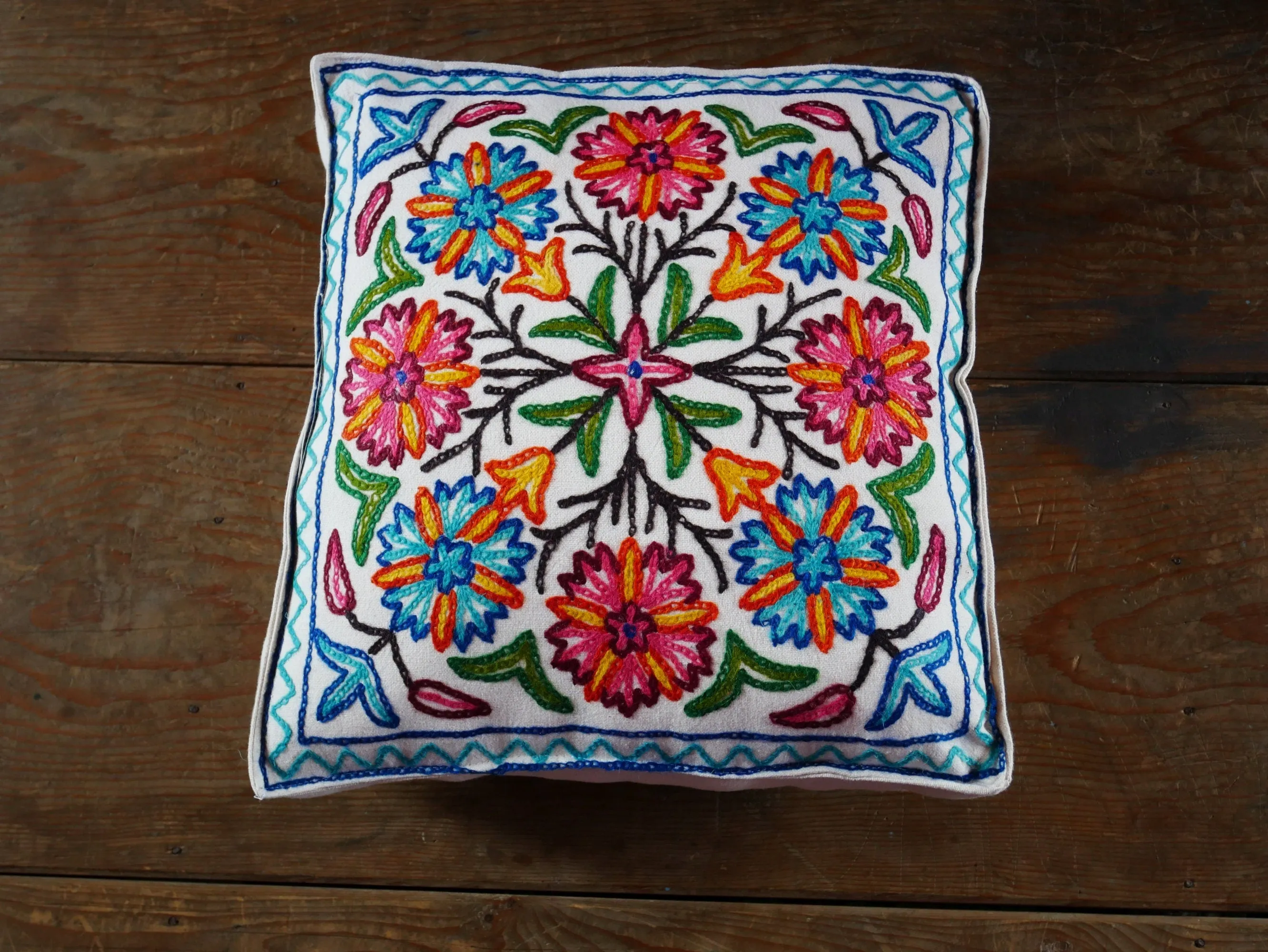 Embroidered floor cushion cover | boho throw pillow "Mountain Flower" | meditation cushion from Kashmir Cover only