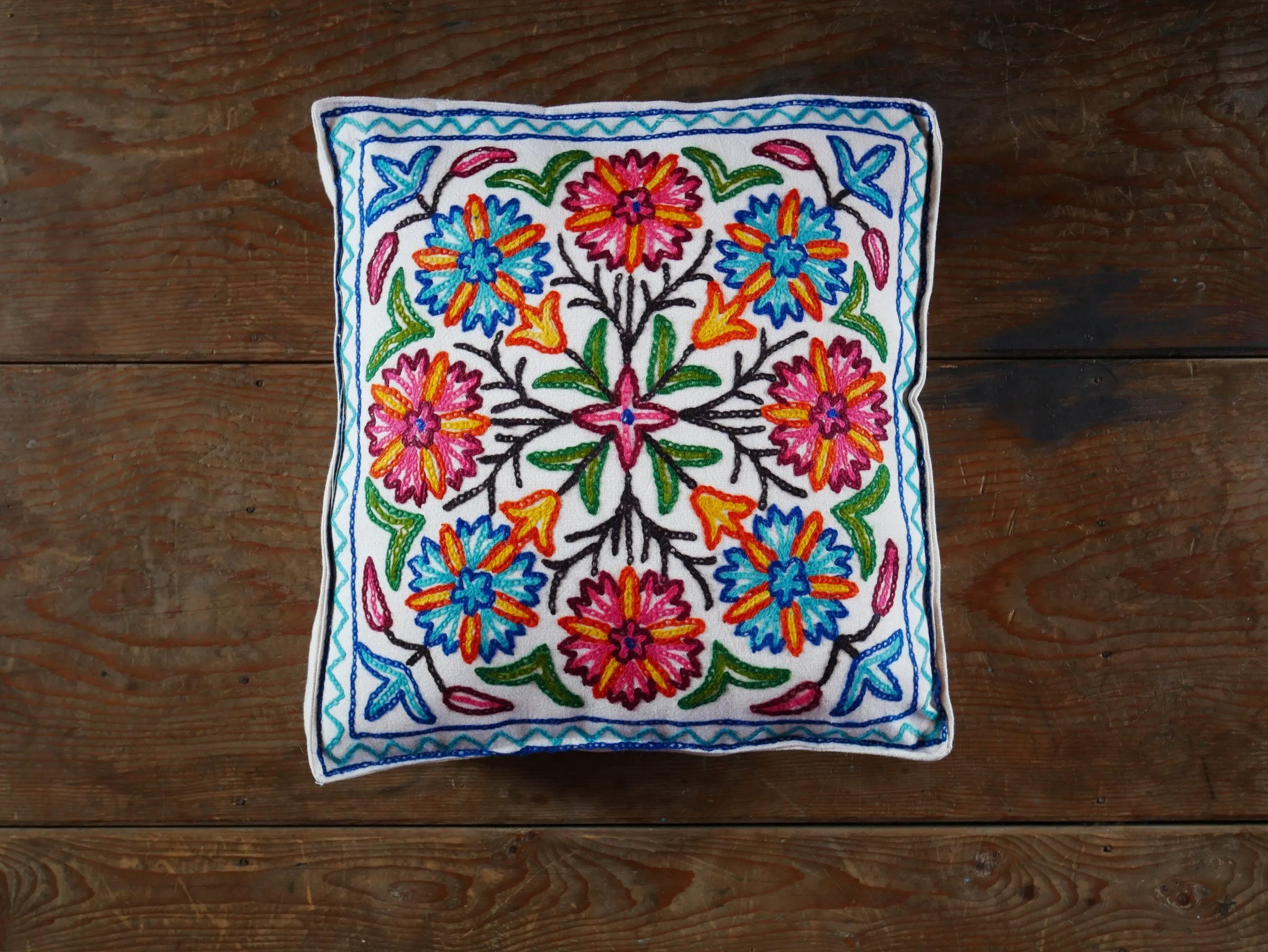 Embroidered floor cushion cover | boho throw pillow "Mountain Flower" | meditation cushion from Kashmir Cover only