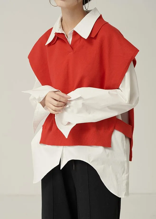 For Spring red sweaters trendy plus size lapel sleeveless knit tops