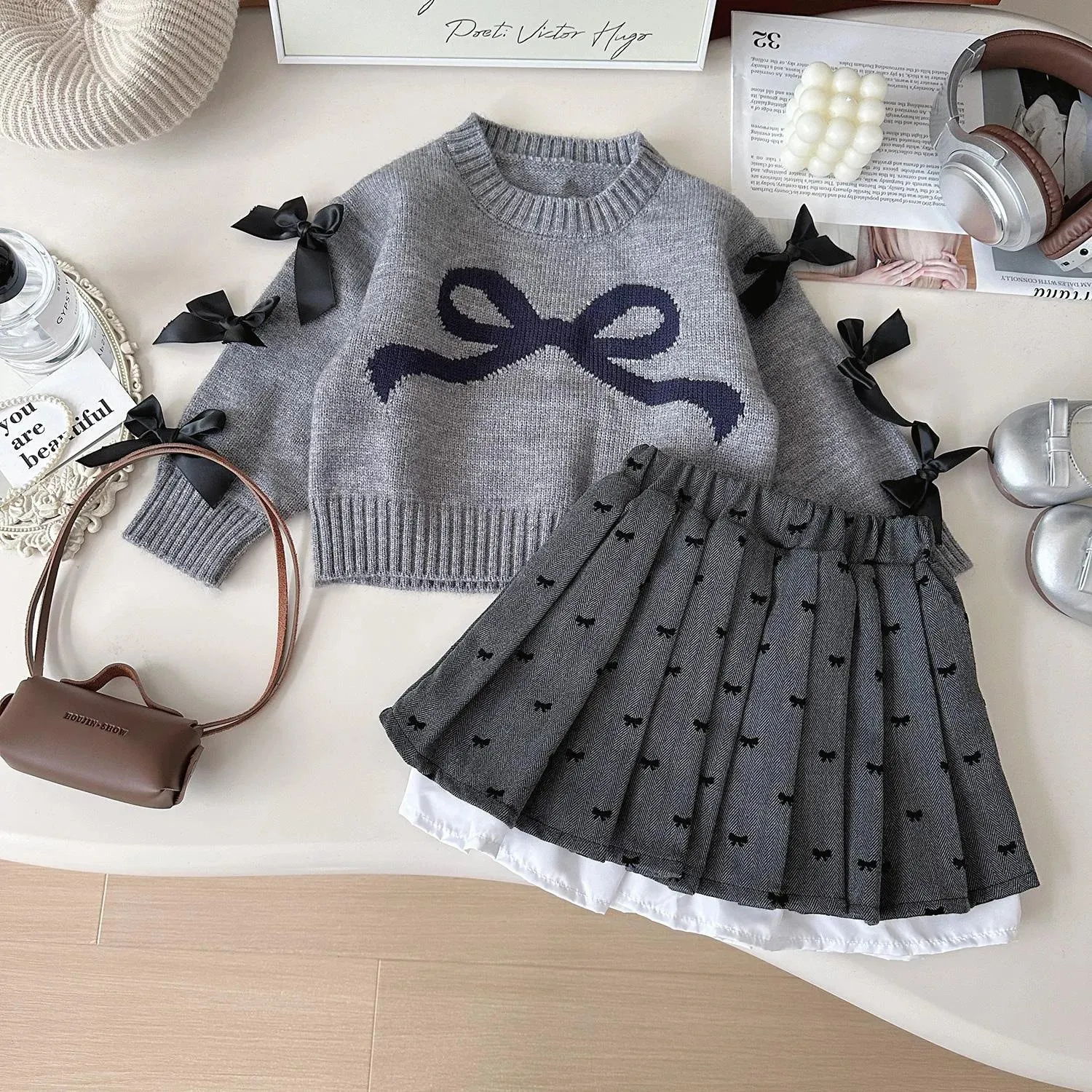 Girls Knitted Clothes Sets Spring Autumn Children Woolen Jersey Sweaters Tops Skirts Princess Dress Suit For Baby Outfits Kids 7