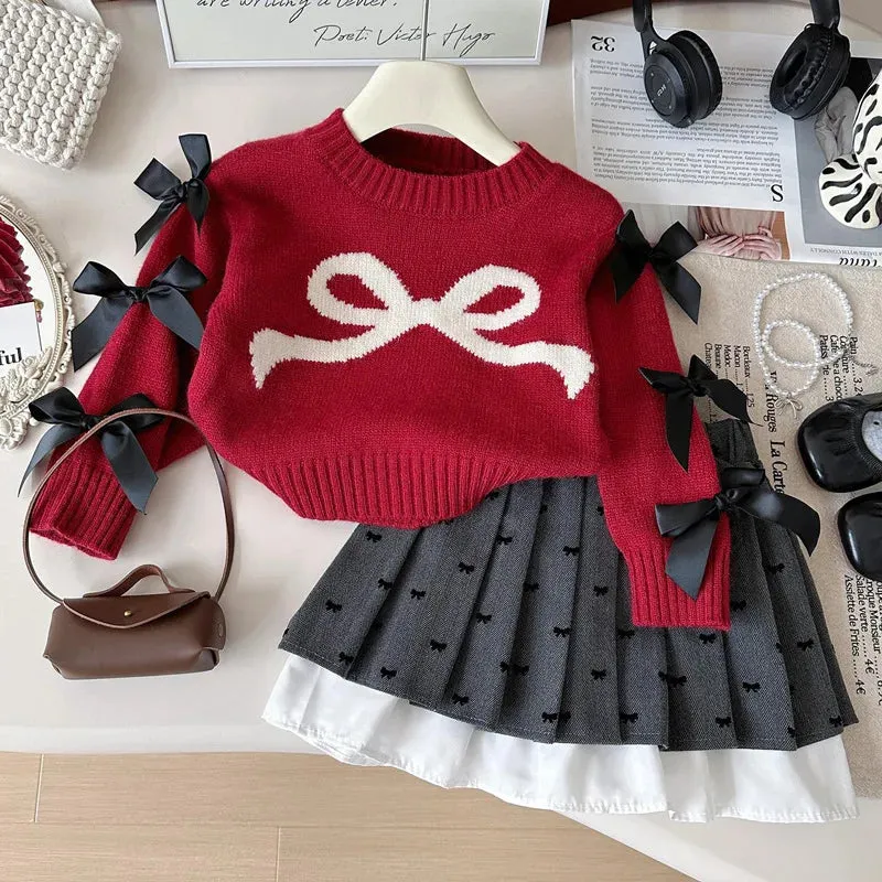 Girls Knitted Clothes Sets Spring Autumn Children Woolen Jersey Sweaters Tops Skirts Princess Dress Suit For Baby Outfits Kids 7