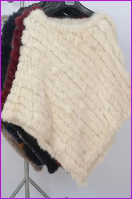 Handmade Knitted Rex Rabbit Fur Ponchos