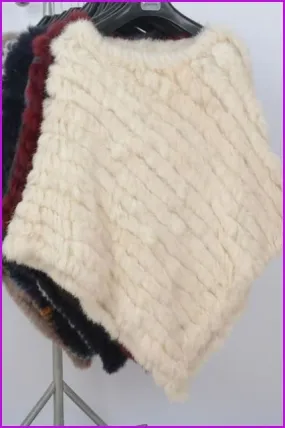 Handmade Knitted Rex Rabbit Fur Ponchos