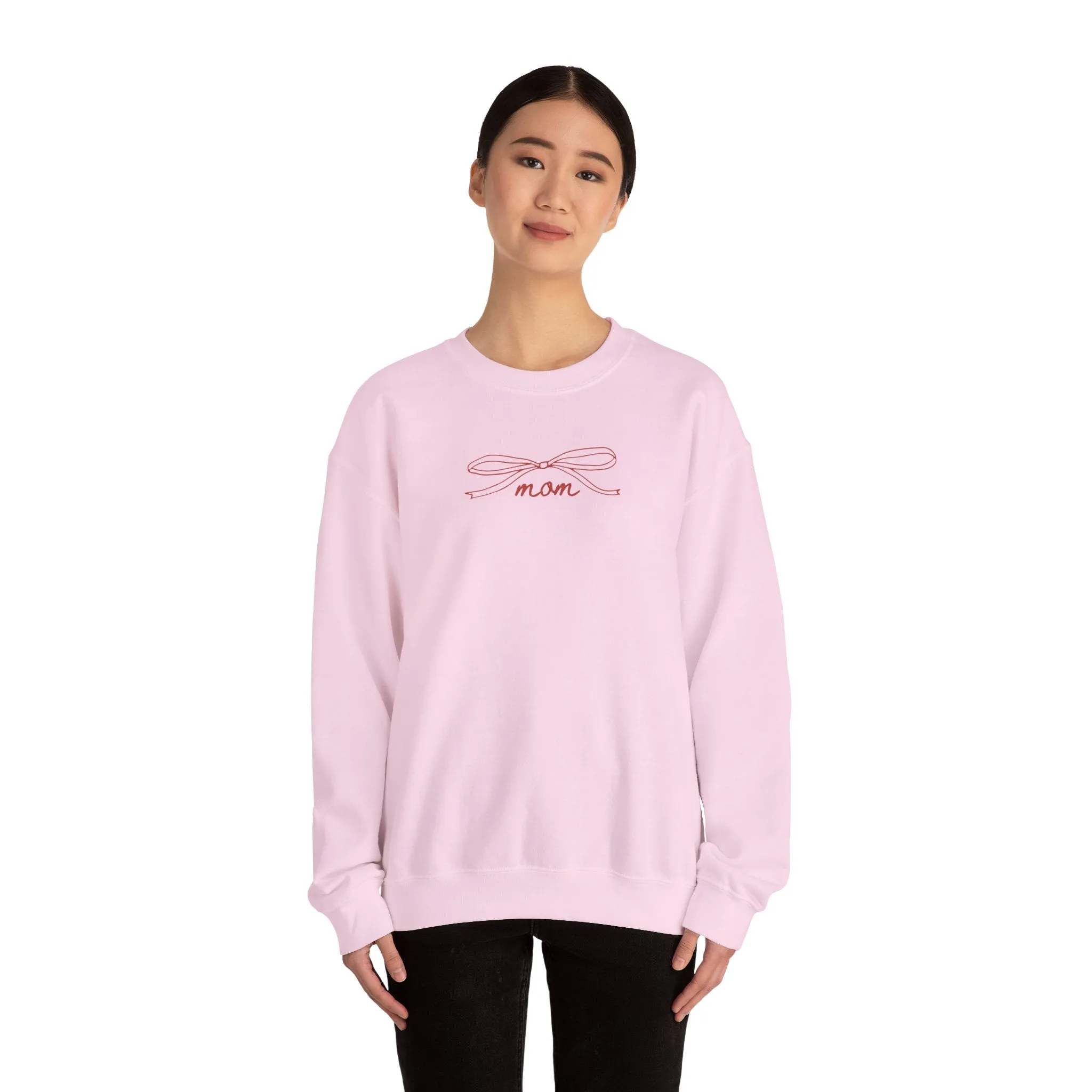 MOM Red on Pink Bow Oversized Pullover Crewneck Sweatshirt, Girl Mom, Mama