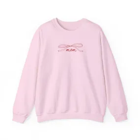 MOM Red on Pink Bow Oversized Pullover Crewneck Sweatshirt, Girl Mom, Mama