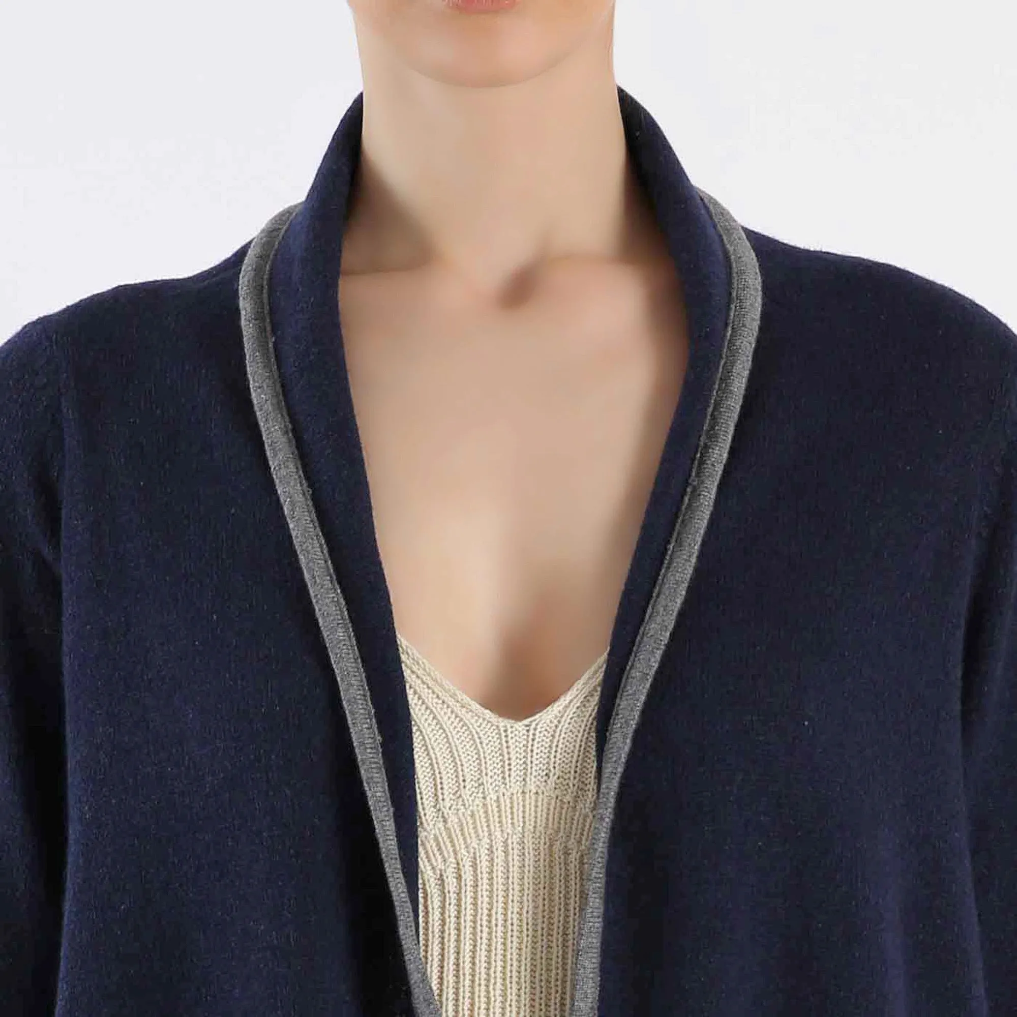 Navy Hand-Knitted Cashmere Ruana for Women Full-Sleeve