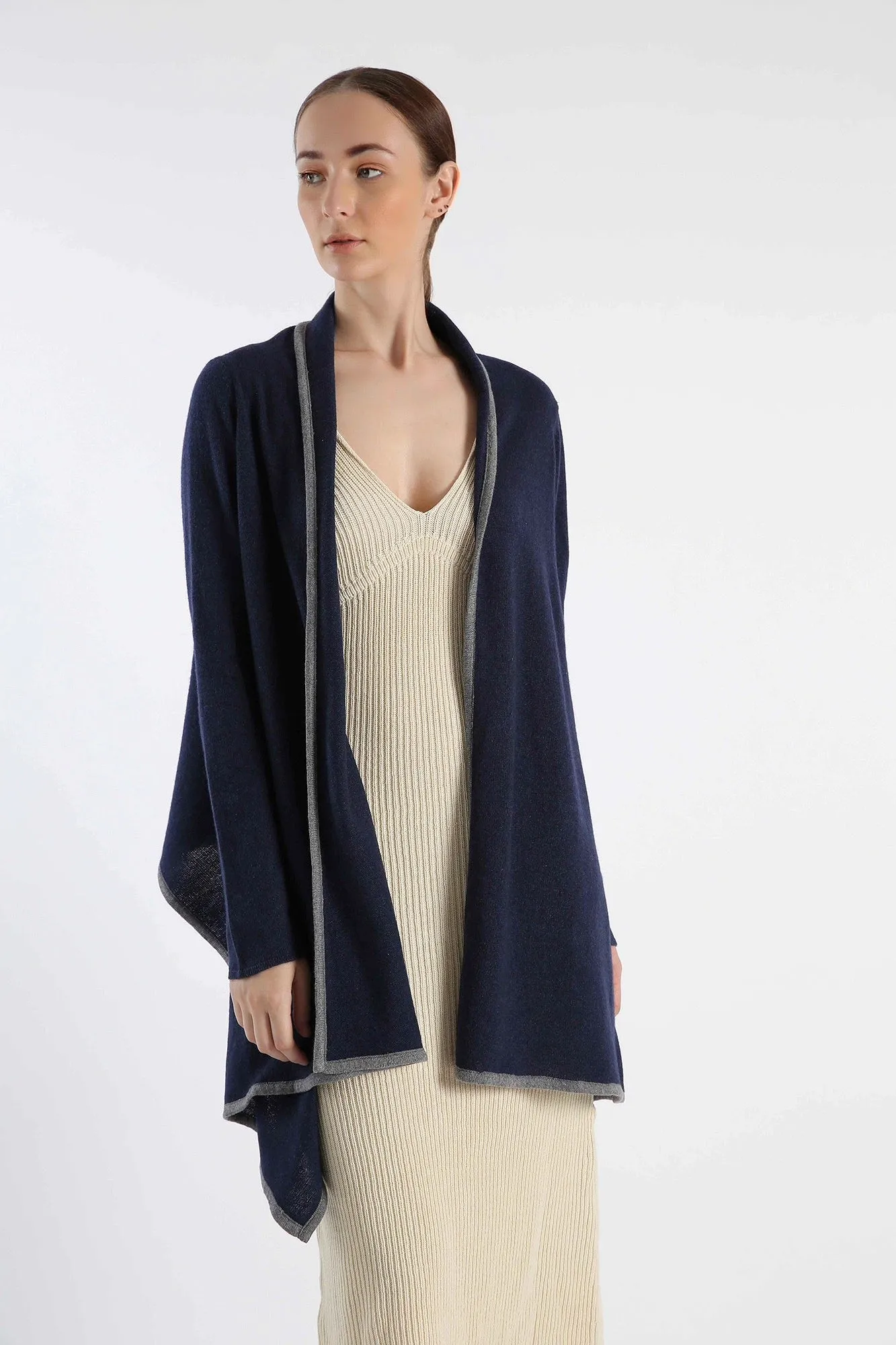 Navy Hand-Knitted Cashmere Ruana for Women Full-Sleeve
