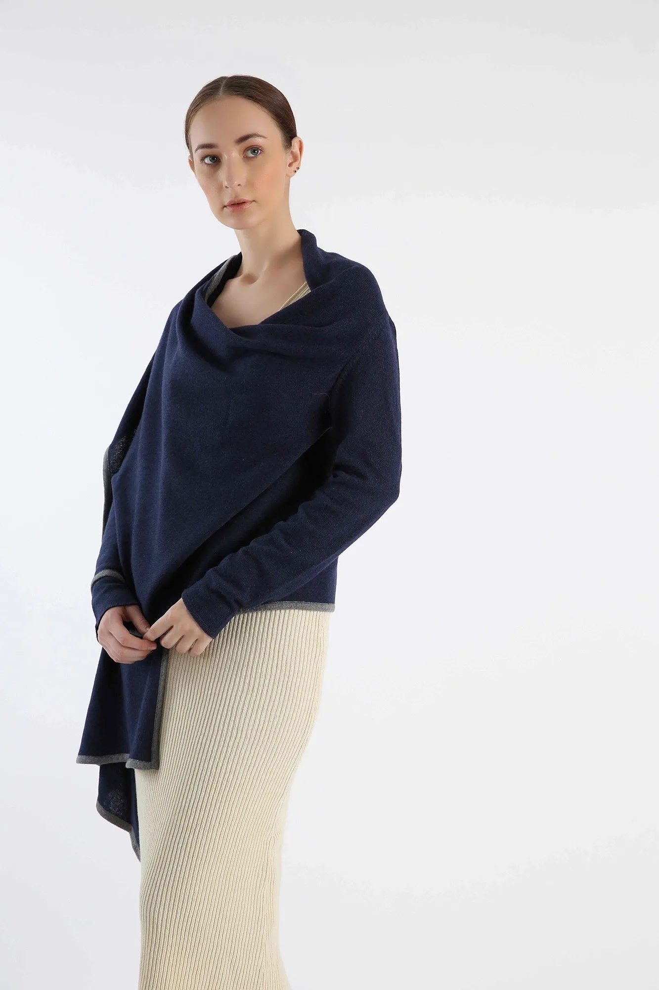 Navy Hand-Knitted Cashmere Ruana for Women Full-Sleeve