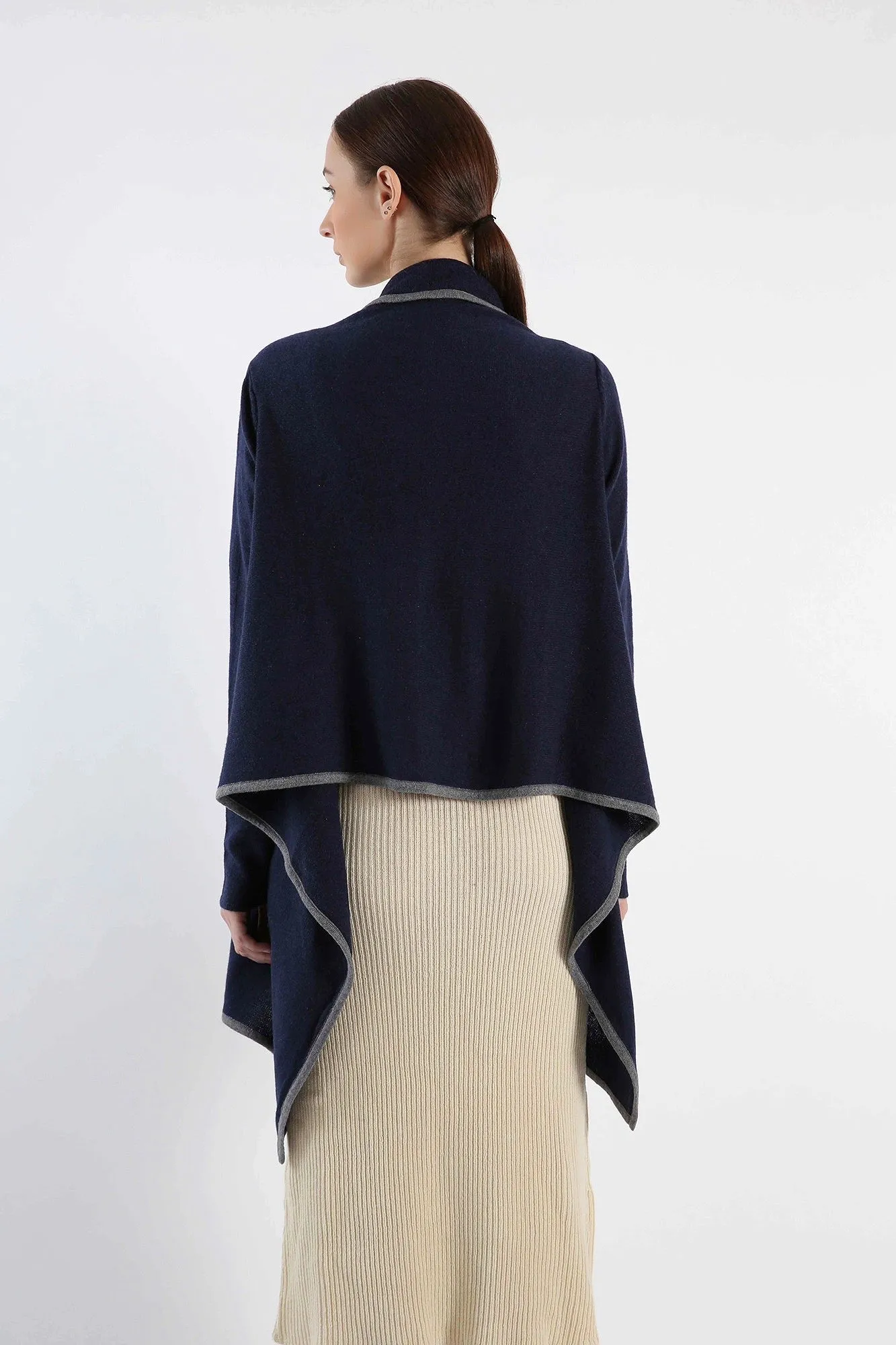 Navy Hand-Knitted Cashmere Ruana for Women Full-Sleeve