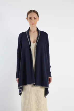 Navy Hand-Knitted Cashmere Ruana for Women Full-Sleeve
