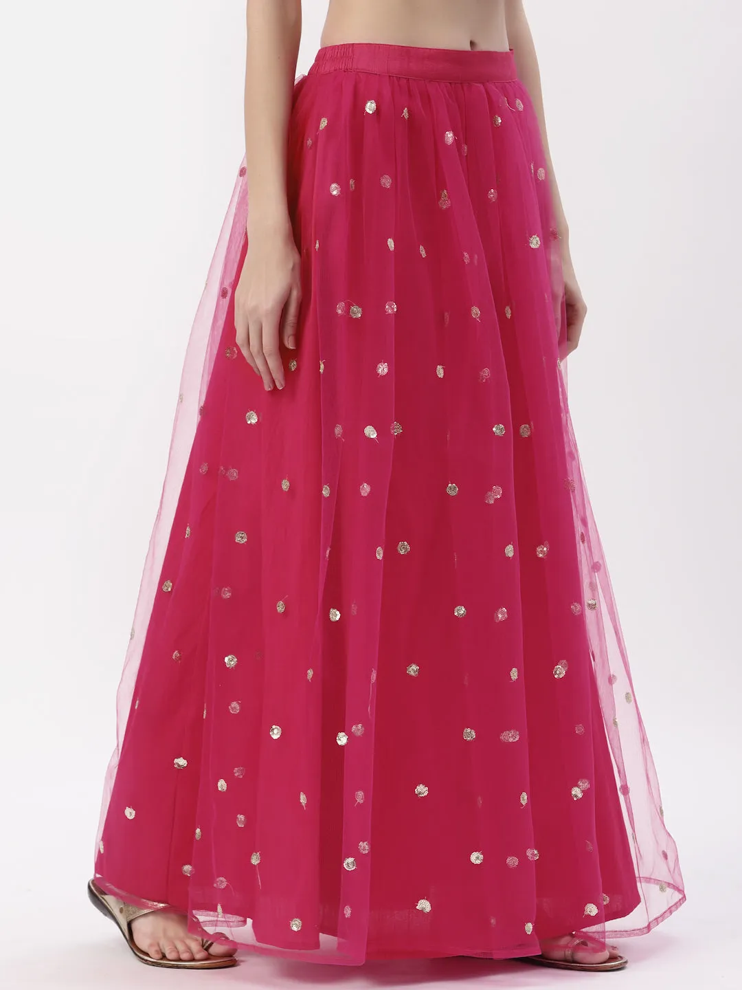 Net Sequin Embroidered Gathered Skirt