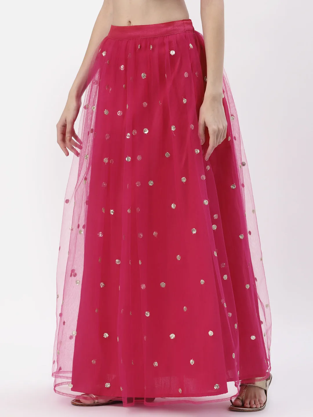 Net Sequin Embroidered Gathered Skirt