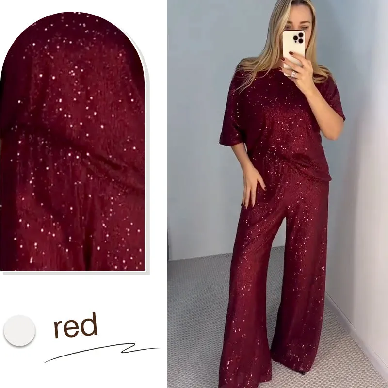 New Hot SellingWomen's Sequin Crewneck Top & Loose Trousers
