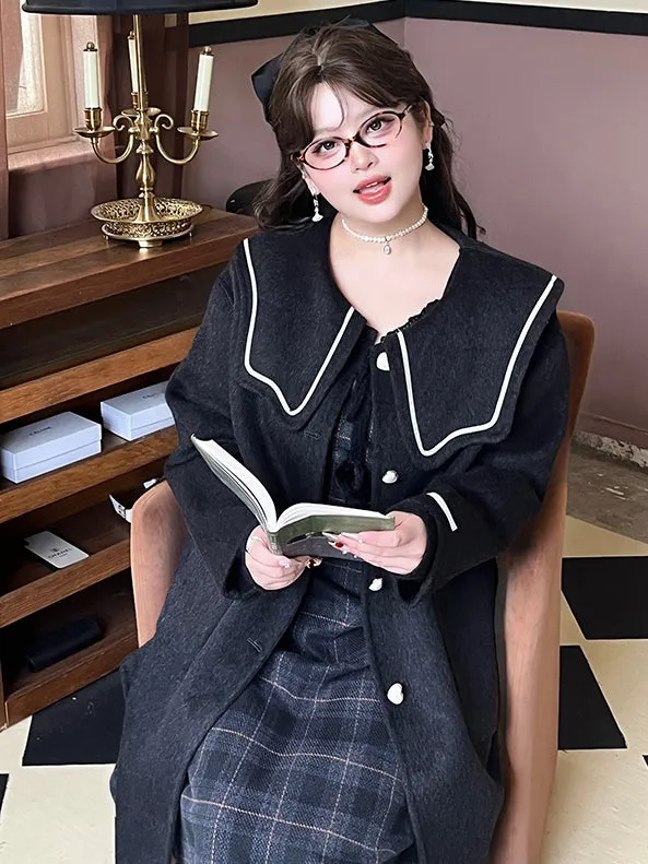Plus Size Black Sailor Collar Heart Buttons Woolen Coat