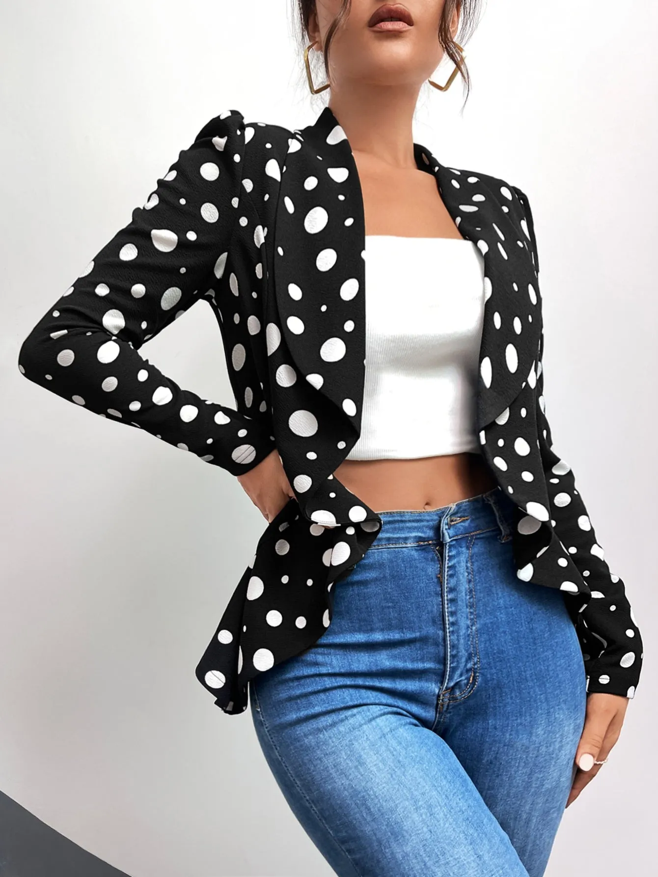 Polka Dot Shawl Collar Puff Sleeve Blazer