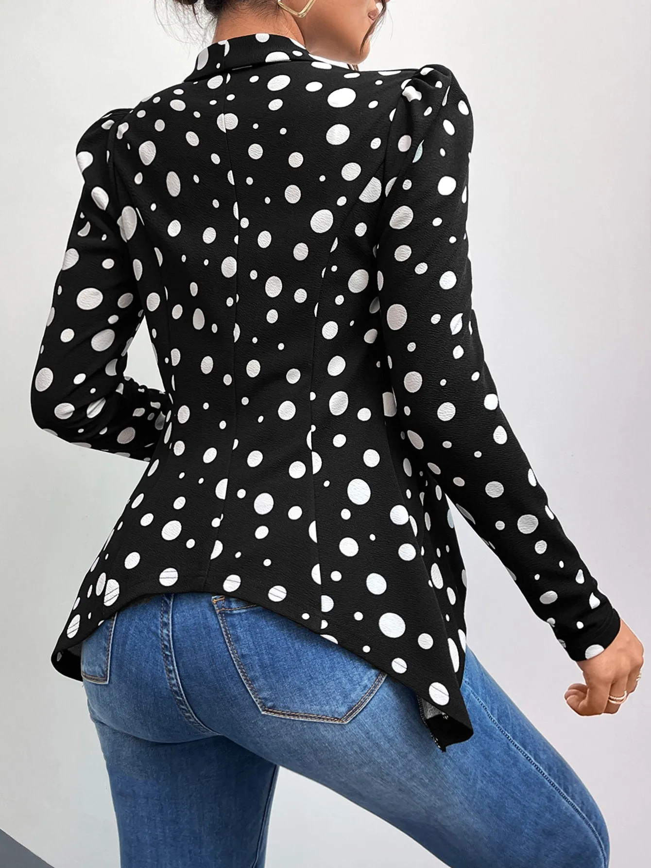 Polka Dot Shawl Collar Puff Sleeve Blazer