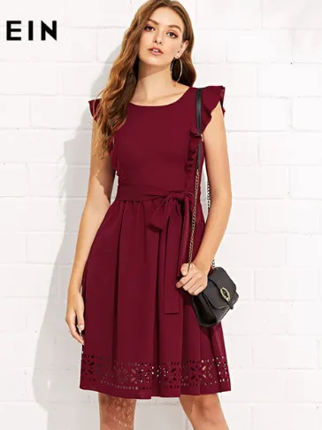 SHEIN Maroon Elegant Ruffle Shoulder Flounce
