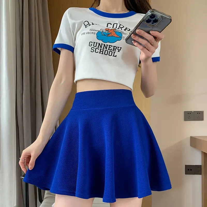 Summer Basic Skirts Women Shorts Mini Elastic Pleated Skirts High Waist Bubble Sun Skirts School Girl Uniform Lined Safety Pants
