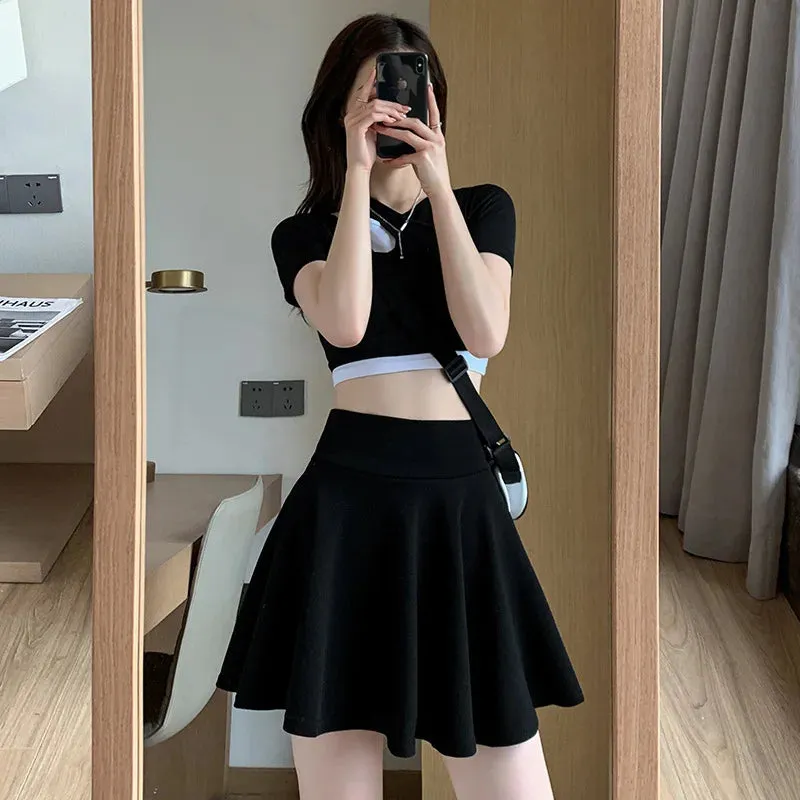 Summer Basic Skirts Women Shorts Mini Elastic Pleated Skirts High Waist Bubble Sun Skirts School Girl Uniform Lined Safety Pants