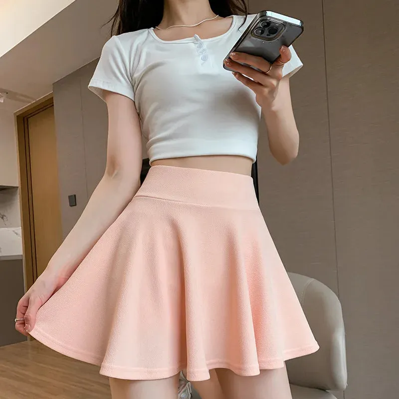 Summer Basic Skirts Women Shorts Mini Elastic Pleated Skirts High Waist Bubble Sun Skirts School Girl Uniform Lined Safety Pants