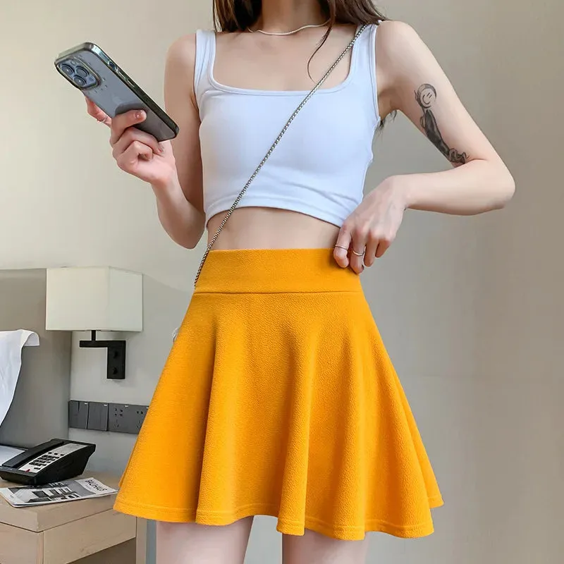 Summer Basic Skirts Women Shorts Mini Elastic Pleated Skirts High Waist Bubble Sun Skirts School Girl Uniform Lined Safety Pants