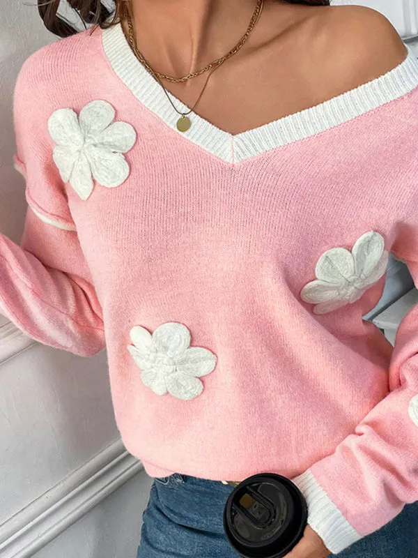 Trendy Floral V-Neck Knit Sweater for Stylish Outfits
