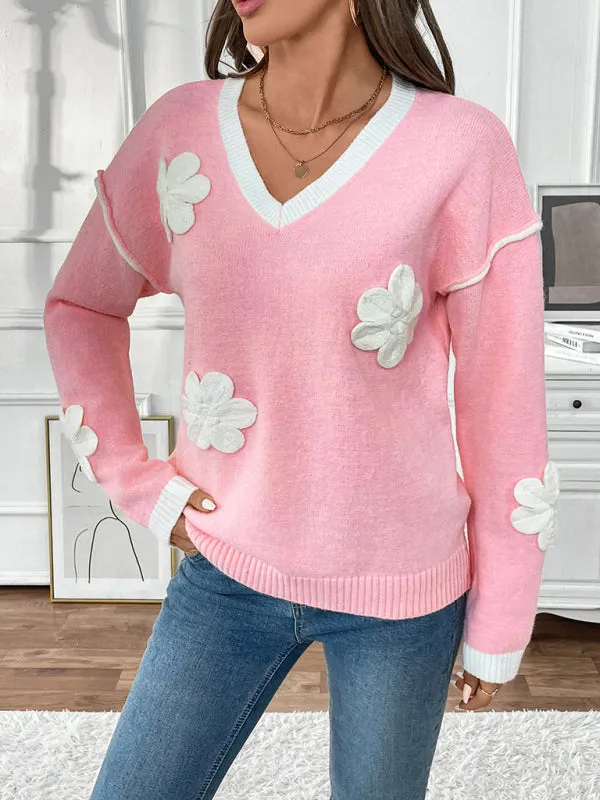 Trendy Floral V-Neck Knit Sweater for Stylish Outfits