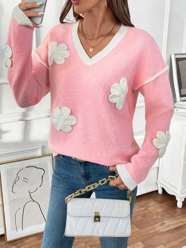 Trendy Floral V-Neck Knit Sweater for Stylish Outfits