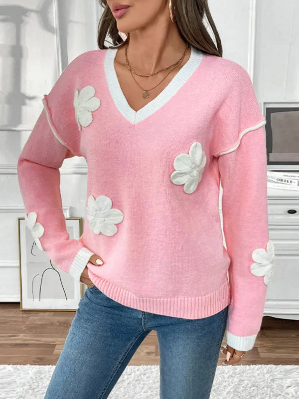Trendy Floral V-Neck Knit Sweater for Stylish Outfits