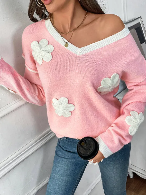 Trendy Floral V-Neck Knit Sweater for Stylish Outfits