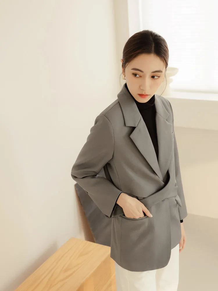 Work Long Wrap Strap Lapel Collar Blazer Jacket