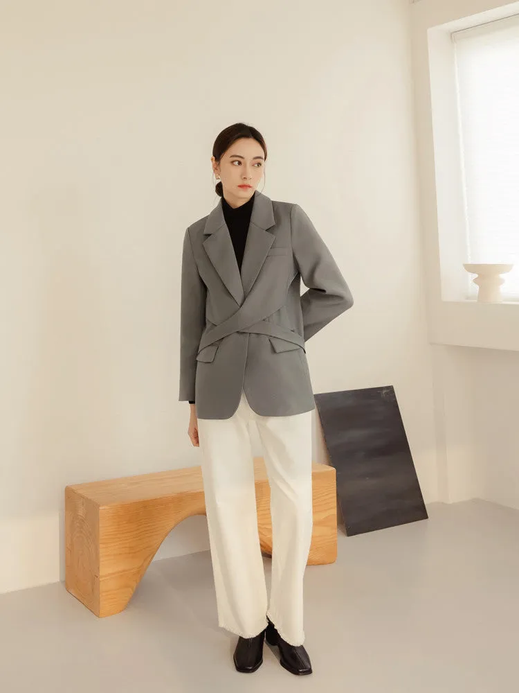 Work Long Wrap Strap Lapel Collar Blazer Jacket