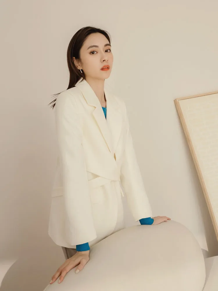 Work Long Wrap Strap Lapel Collar Blazer Jacket